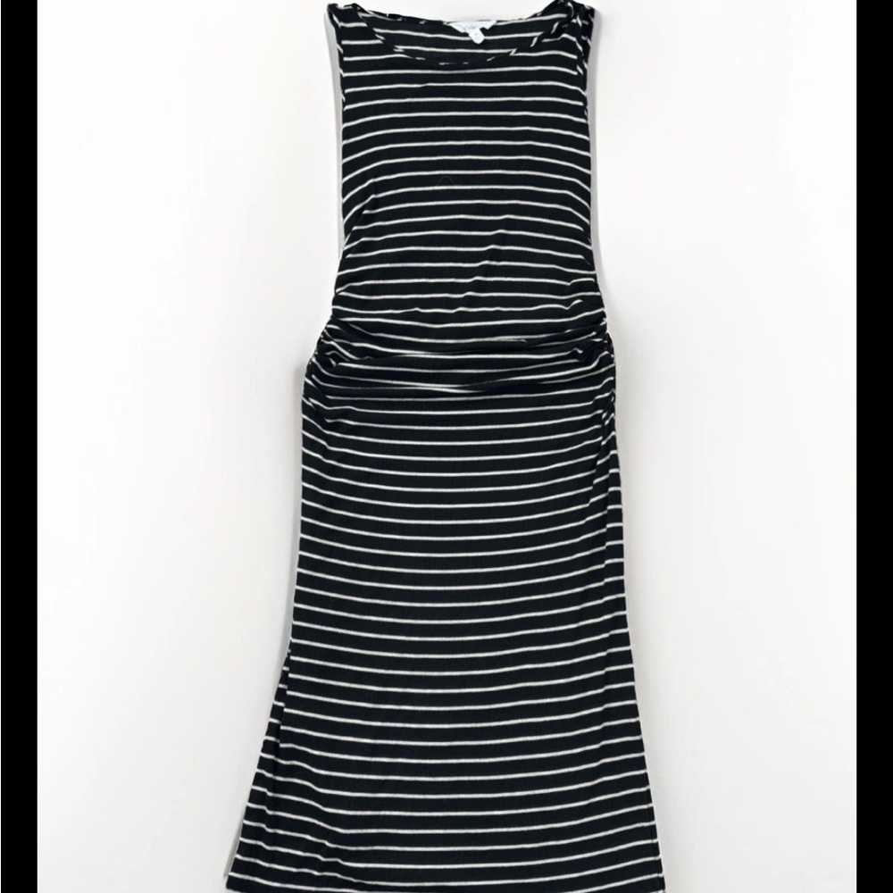 Athleta Comeback Tank Midi Dress Ruched Sleeveless Striped Black Beige White M